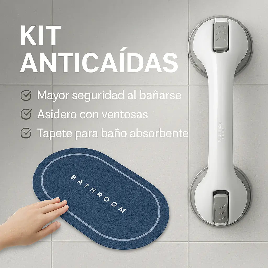 Kit Anticaídas — Incluye tapete Antideslizante - Seguridad y confianza en tu baño sin taladro ni complicaciones