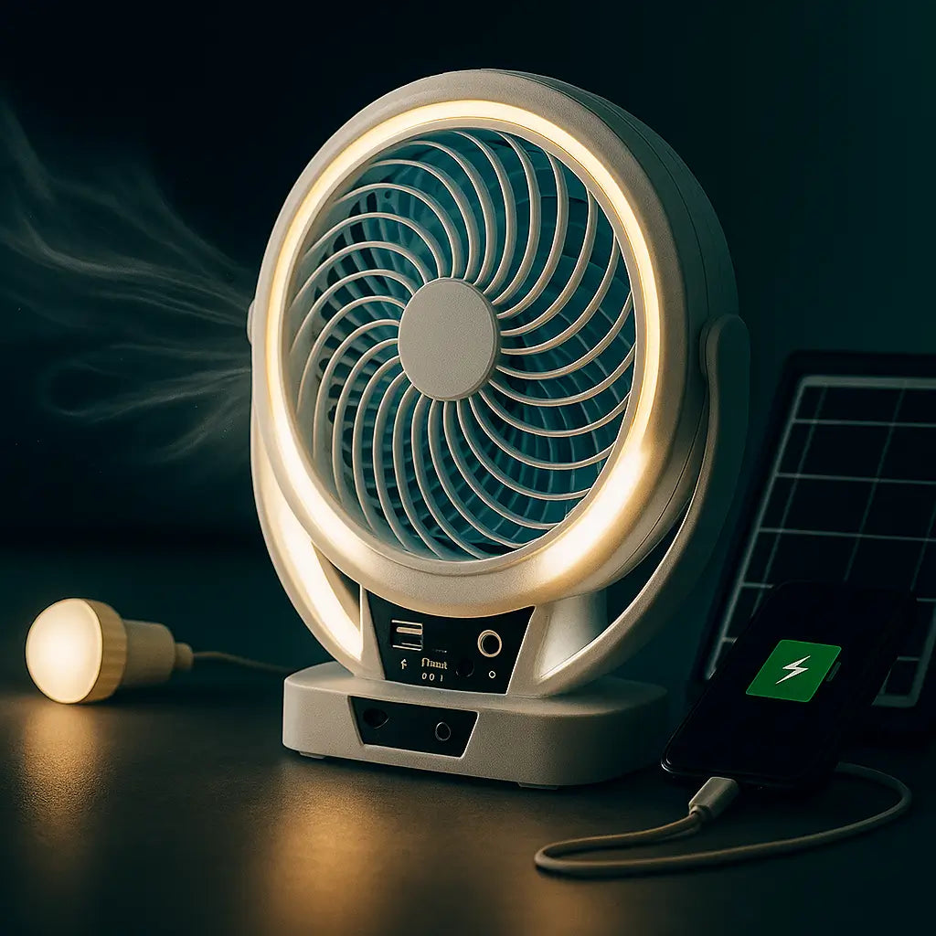 Ventilador Solar Recargable 6" 3 en 1 – Frescura, Luz y Energía donde Estés