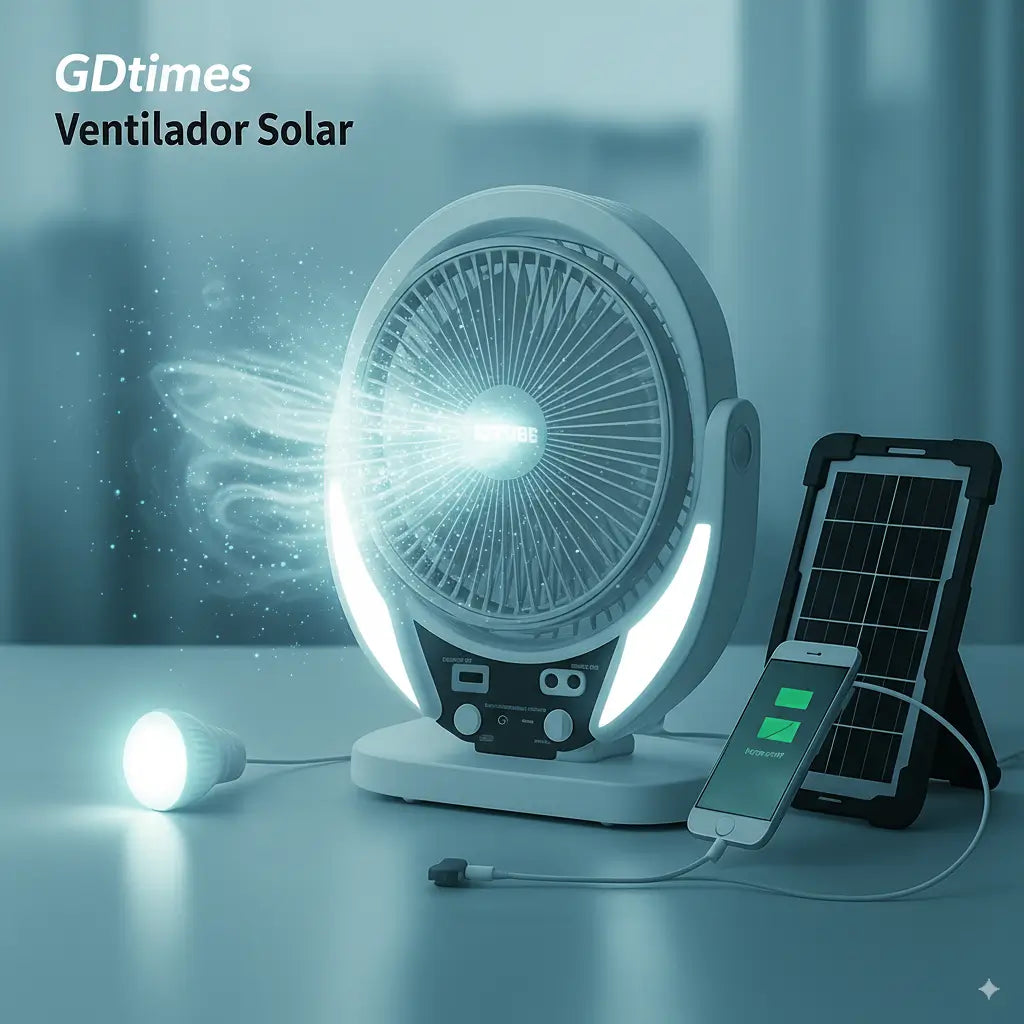Ventilador Solar Recargable 6" 3 en 1 – Frescura, Luz y Energía donde Estés
