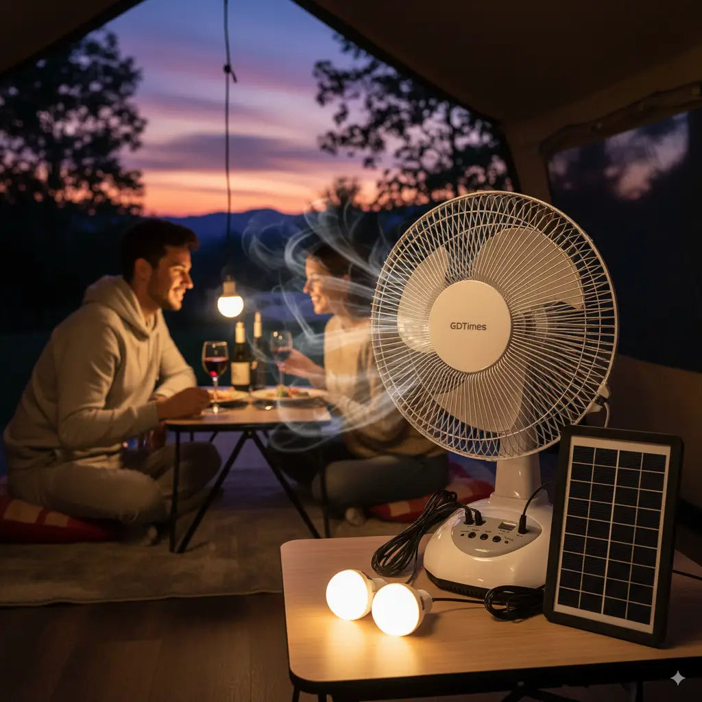 Ventilador Solar Recargable GDTIMES 12”: Frescura, Luz y Energía en un Solo Equipo