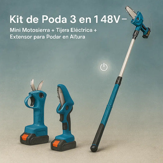 Kit de Poda 3 en 1 -48V- Mini Motosierra + Tijera Eléctrica + Extensor para Podar en Altura 2.50m