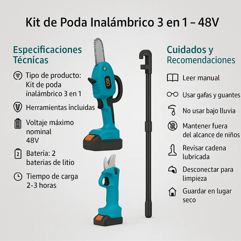 Kit de Poda 3 en 1 -48V- Mini Motosierra + Tijera Eléctrica + Extensor para Podar en Altura 2.50m
