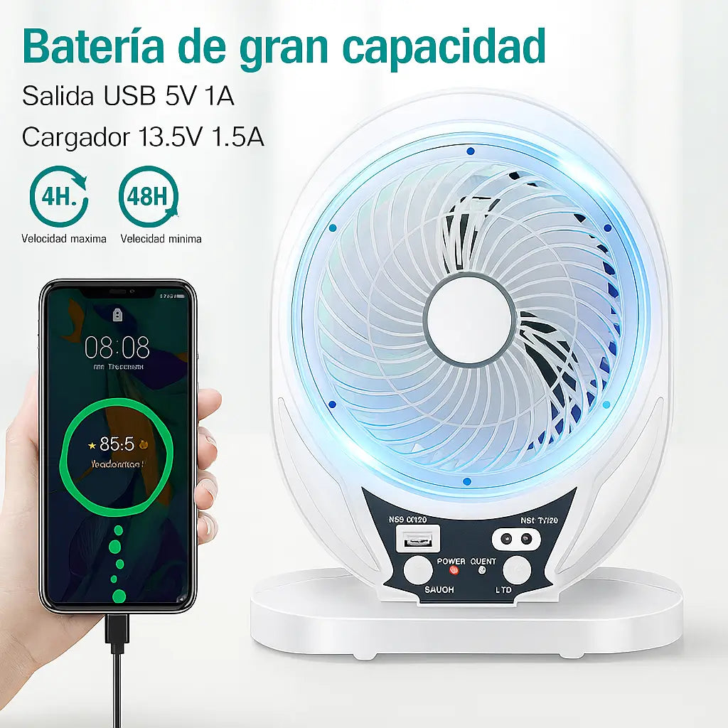 Ventilador Solar Recargable 6" 3 en 1 – Frescura, Luz y Energía donde Estés