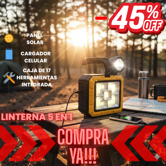 Linterna Solar + Kit de Herramientas 5 en 1 - Ilumina, repara y carga… sin enchufes, SIN LIMITES!!!